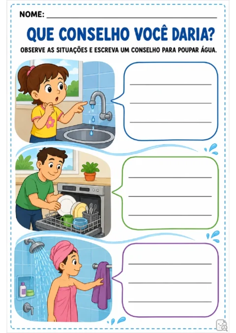 Atividade de escrita com três situações para criar conselhos sobre como poupar água.