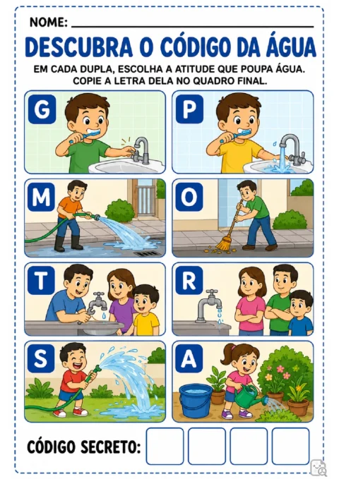 Atividade para escolher atitudes que poupam água em quatro duplas e formar um código secreto.