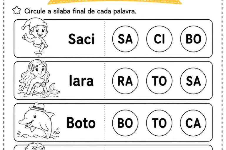 Atividade sobre folclore brasileiro para circular a sílaba final de Saci, Iara, Boto, Cuca e Curupira.