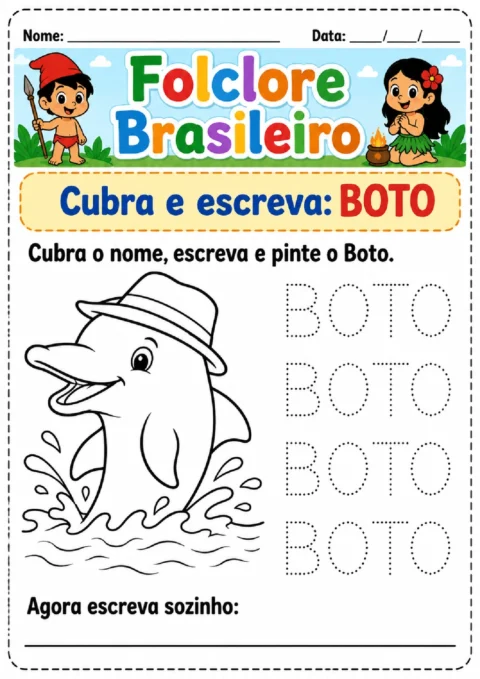 Atividade para cobrir, escrever e pintar o nome Boto ao lado de um desenho de golfinho com chapéu.
