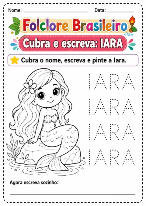Atividade da Iara para cobrir o nome pontilhado, colorir a personagem e escrever o nome.