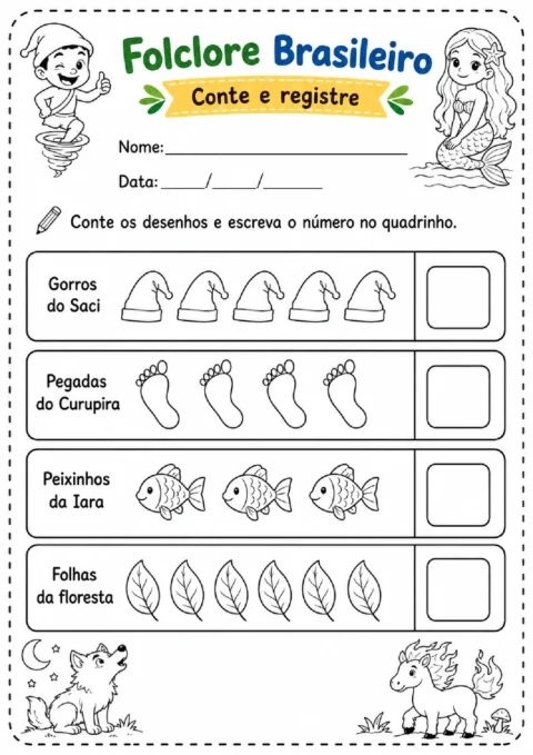 Atividade de contagem com gorros do Saci, pegadas do Curupira, peixinhos da Iara e folhas.