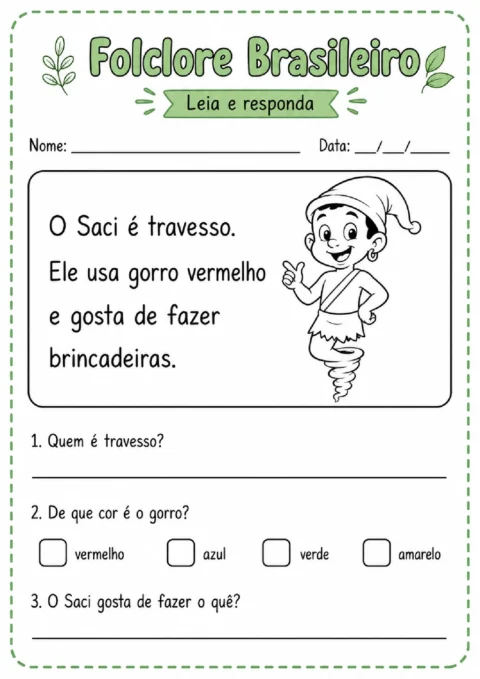 Atividade de leitura sobre o Saci com perguntas escritas e opções de cores para marcar.