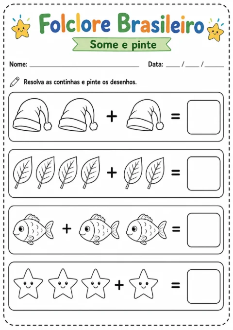 Atividade de adição com gorros, folhas, peixes e estrelas para resolver e pintar.