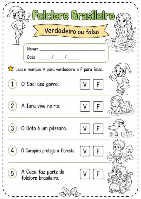 Atividade de verdadeiro ou falso sobre personagens e fatos do folclore brasileiro.