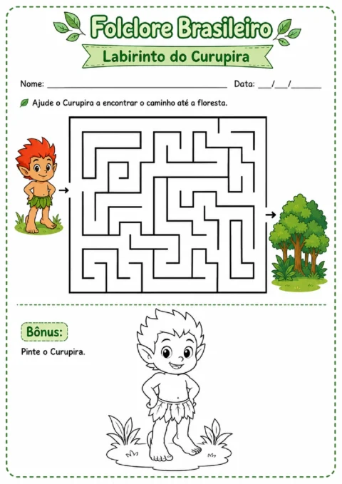 Labirinto do Curupira para encontrar o caminho até a floresta, com desenho para pintar.
