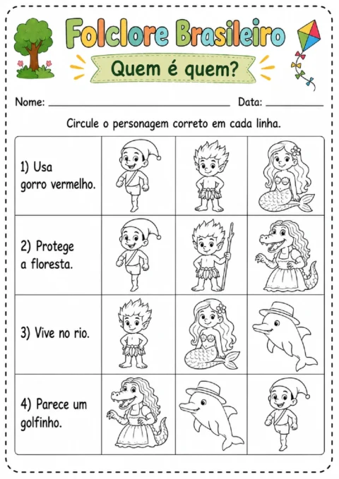 Atividade para circular personagens do folclore conforme pistas sobre Saci, Curupira, Iara e Boto.