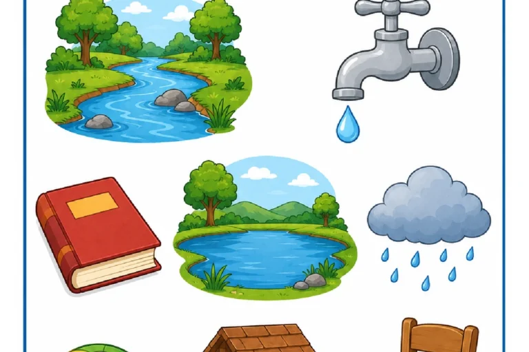 Atividade para circular apenas as fontes de água entre rio, torneira, lago, chuva, poço e objetos.