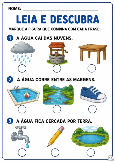Atividade de leitura para marcar figuras que completam frases sobre chuva, rio e lago.