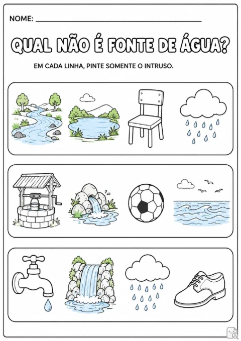 Atividade para pintar o intruso em linhas com fontes de água e objetos como cadeira, bola e sapato.