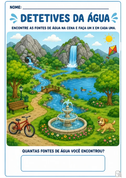 Atividade Detetives da Água para localizar fontes de água na paisagem e marcar cada uma com um X.