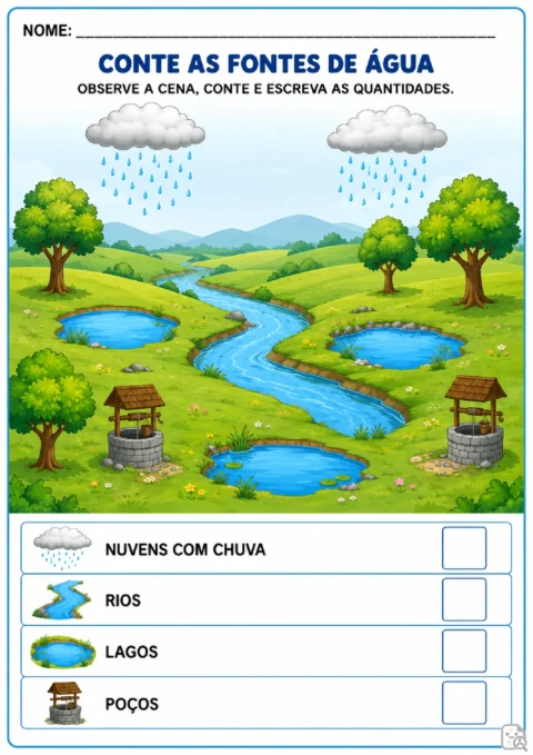 Atividade para contar nuvens com chuva, rios, lagos e poços em uma paisagem e escrever os totais.