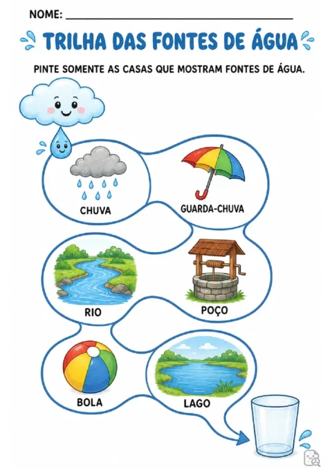Trilha das fontes de água para pintar apenas a chuva, o rio, o poço e o lago, ignorando o guarda-chuva e a bola.