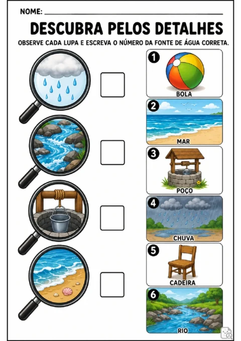 Atividade para associar lupas com fontes de água aos nomes bola, mar, poço, chuva, cadeira e rio.