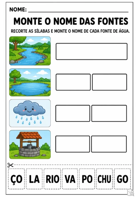 Atividade para recortar sílabas e formar os nomes de rio, lago, chuva e poço a partir das ilustrações.