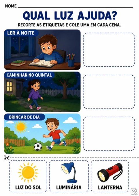 Atividade para recortar etiquetas de luz do sol, luminária e lanterna e colá-las em cenas de dia e noite.