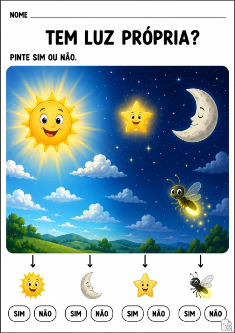 Atividade para pintar “sim” ou “não” conforme o sol, a lua, a estrela e o vaga-lume tenham luz própria.