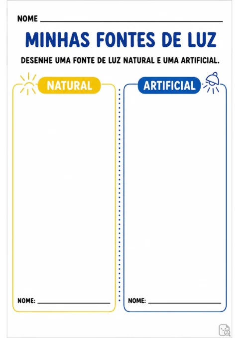Ficha para desenhar e nomear uma fonte de luz natural e outra artificial em dois quadros.