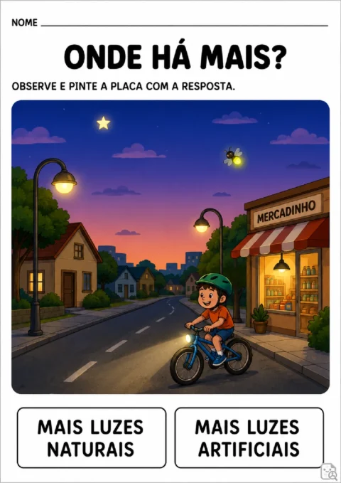 Atividade para identificar se há mais luzes naturais ou artificiais em uma cena noturna de rua.