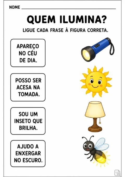 Atividade para ligar frases sobre fontes de luz às figuras de lanterna, sol, abajur e vaga-lume.