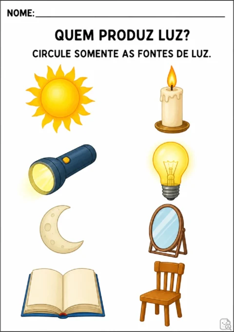 Atividades sobre fontes de luz para imprimir