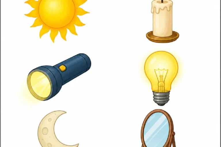Atividade para circular fontes de luz entre sol, vela, lanterna, lâmpada, lua, livro, espelho e cadeira.