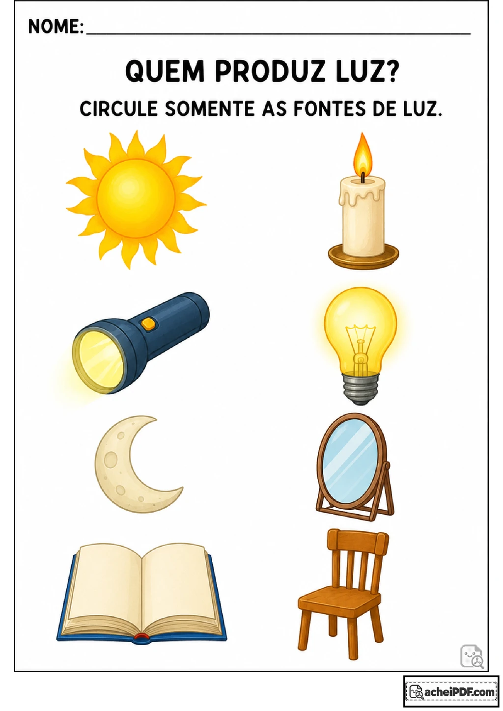 Atividades sobre fontes de luz para imprimir