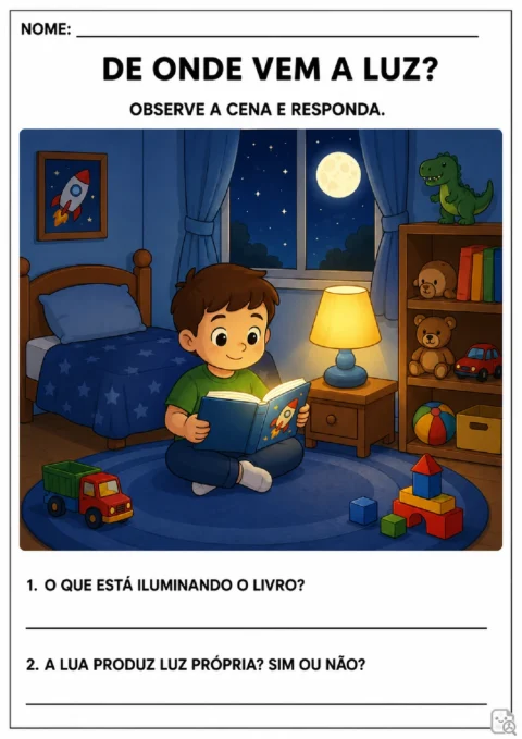 Atividade sobre fontes de luz com menino lendo no quarto iluminado por abajur e lua.