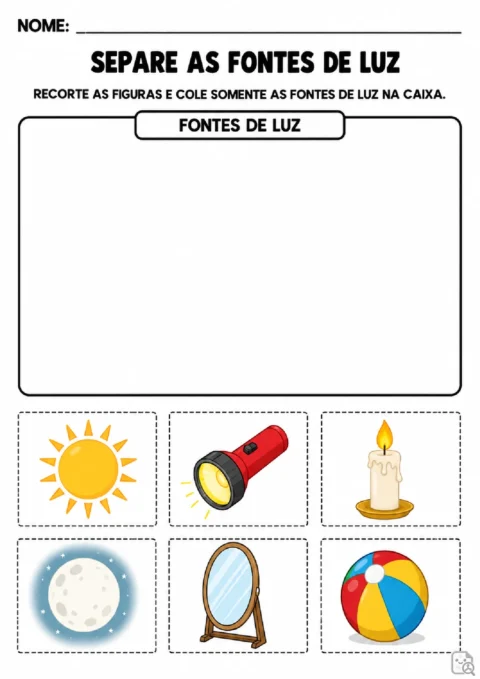 Atividade para recortar sol, lanterna, vela, lua, espelho e bola e colar apenas as fontes de luz na caixa.