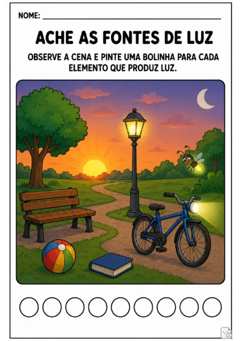 Atividade para observar uma praça ao entardecer e pintar uma bolinha para cada elemento que produz luz.