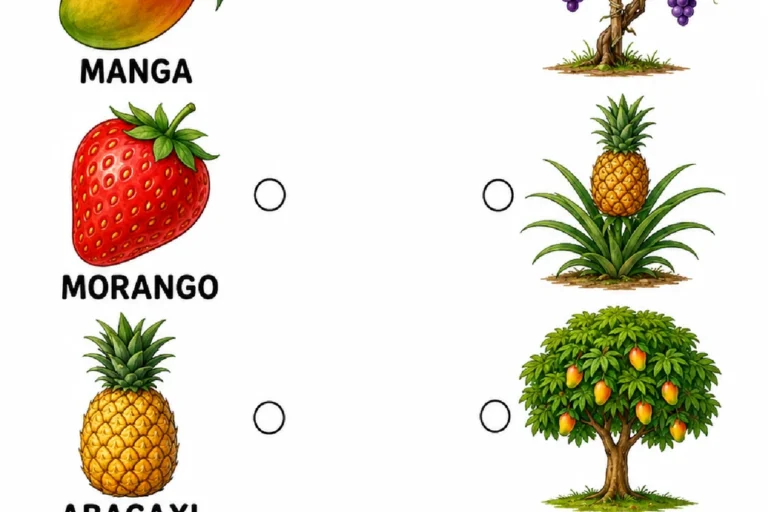 Atividade para ligar manga, morango, abacaxi e uva às plantas que produzem cada fruta.