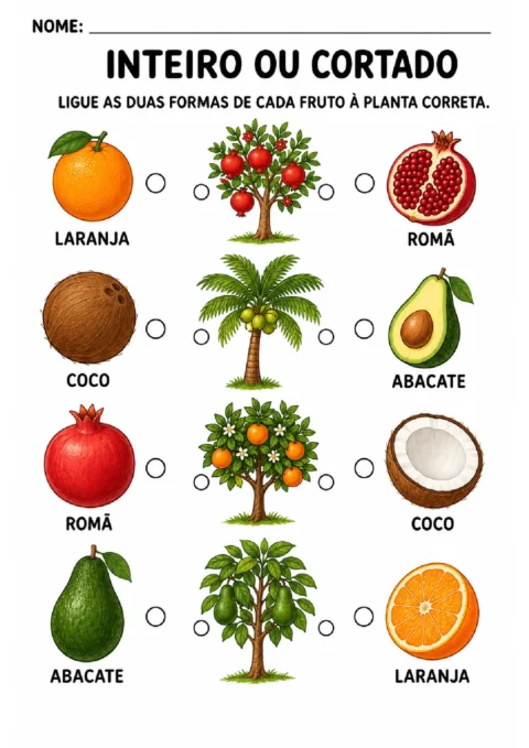 Atividade para ligar frutas inteiras e cortadas, como laranja e coco, às plantas corretas.