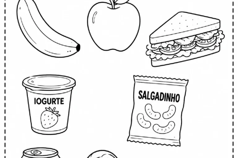 Atividade para circular os lanches saudáveis entre banana, maçã, sanduíche, iogurte, salgadinho, refrigerante, pirulito e rosquinha.