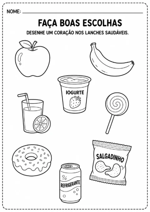 Atividade para desenhar um coração nos lanches saudáveis entre frutas, iogurte e guloseimas.