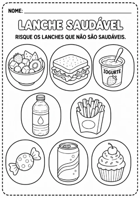 Atividade sobre lanche saudável para riscar frutas, sanduíche, iogurte e outros lanches não saudáveis.