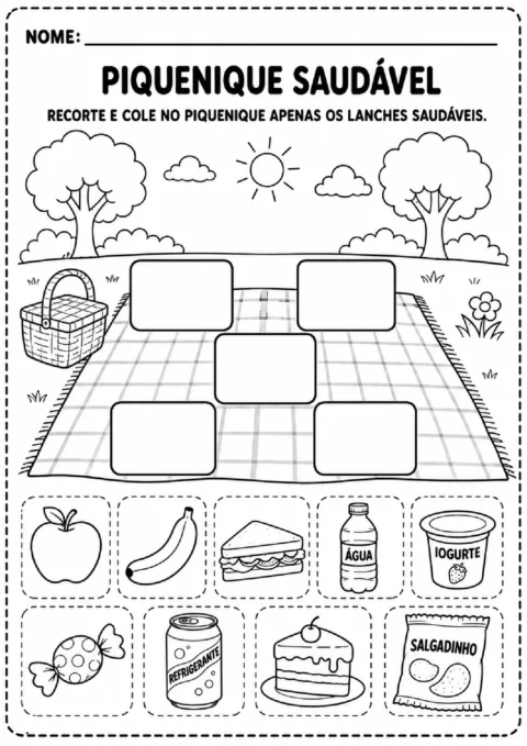 Atividade sobre piquenique saudável para recortar alimentos e colar apenas os lanches saudáveis na toalha.