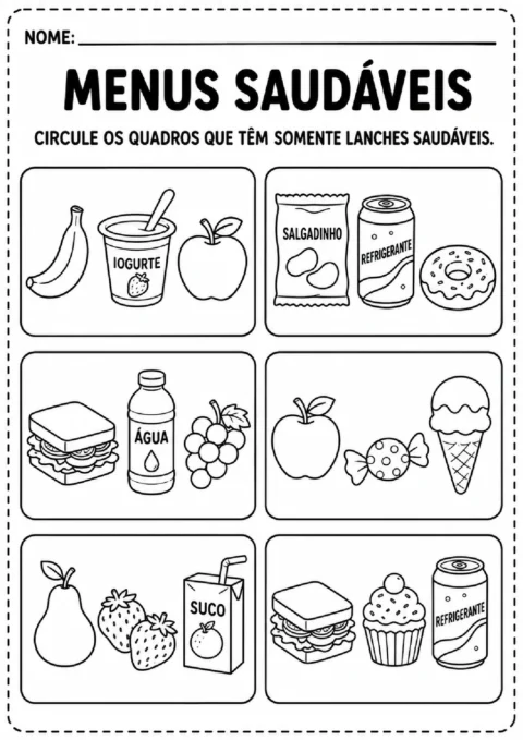 Atividade para circular os quadros que mostram somente lanches saudáveis entre seis opções ilustradas.