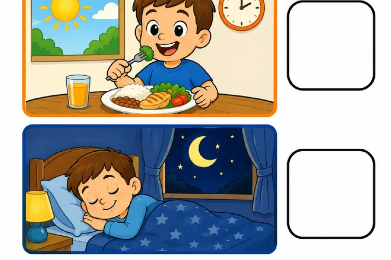 Atividade para numerar cenas de acordar, almoçar e dormir na ordem do dia.