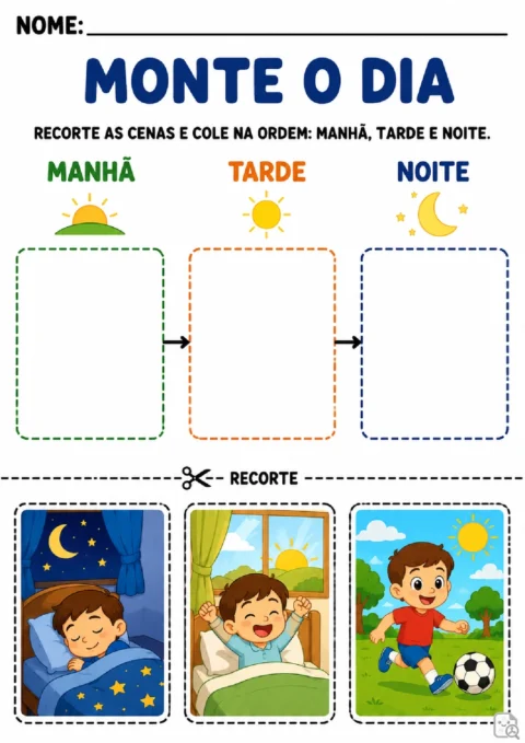 Atividade para recortar cenas e colá-las na ordem manhã, tarde e noite.