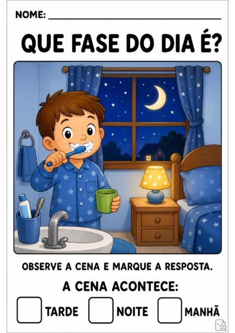 Atividade para observar um menino escovando os dentes à noite e marcar a fase do dia.