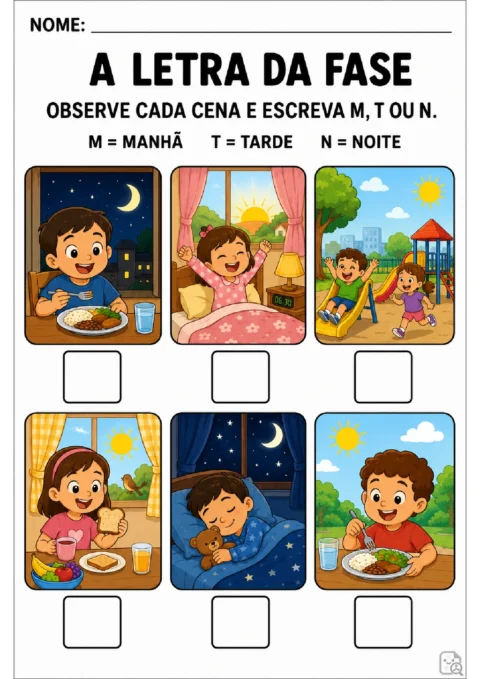 Atividade para observar cenas e escrever M, T ou N conforme a fase do dia.