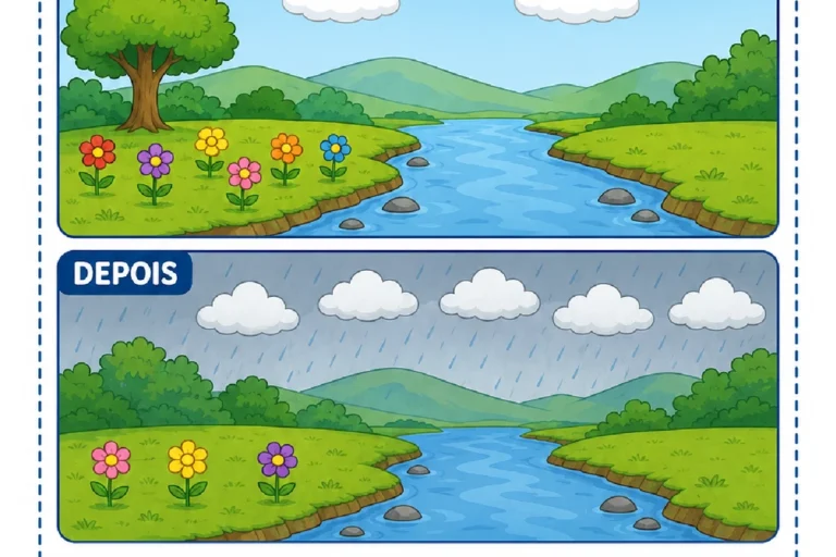 Atividade para comparar flores e nuvens em cenas de antes e depois, completando com mais ou menos.