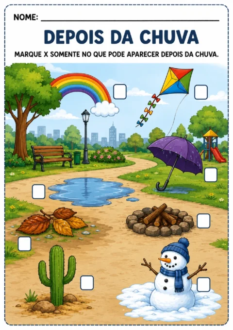 Atividade colorida para marcar elementos que podem aparecer depois da chuva no parque.