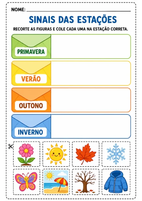 Atividade para recortar e colar figuras nas estações primavera, verão, outono e inverno.