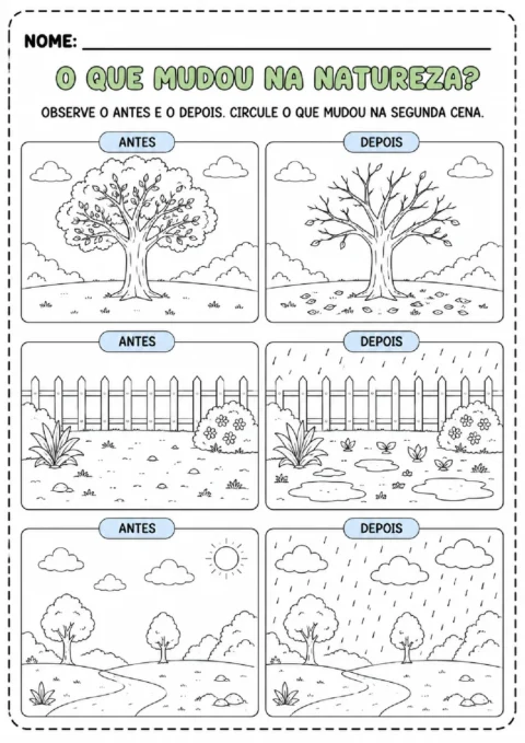 Atividade em preto e branco para circular mudanças entre cenas de antes e depois na natureza.