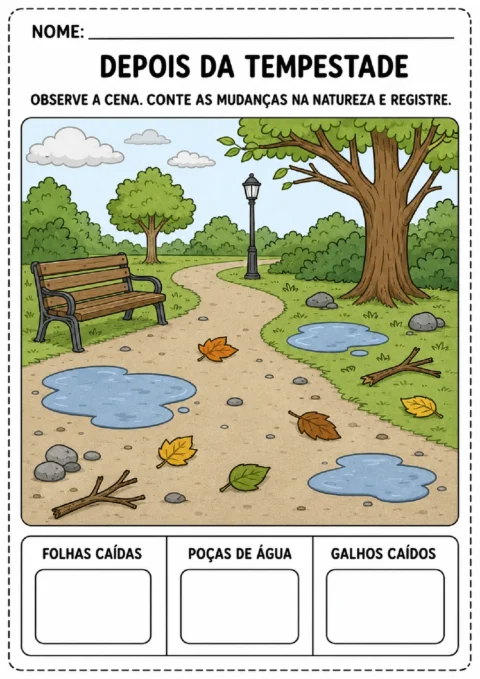 Atividade Depois da Tempestade para contar folhas caídas, poças de água e galhos no parque.