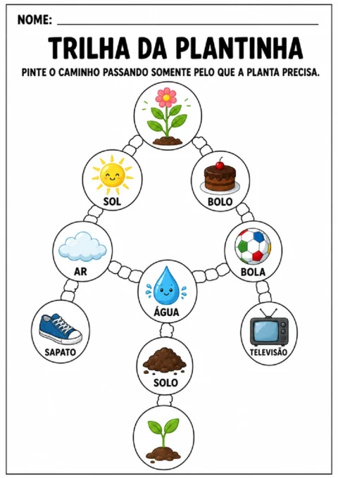 Atividade de trilha para pintar o caminho com sol, ar, água e solo necessários à planta