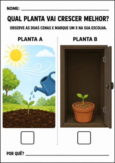 Atividade para comparar uma planta ao sol e com água a outra dentro de um armário e justificar a escolha