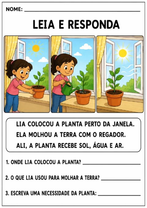 Sequência ilustrada de Lia colocando a planta na janela e regando a terra, seguida de perguntas