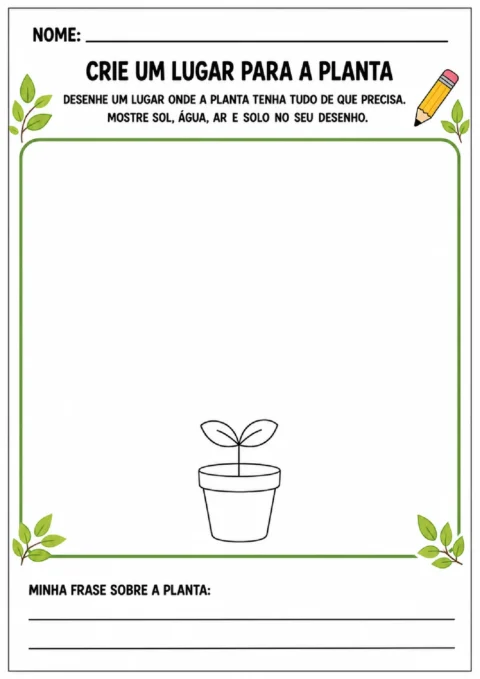 Atividade para desenhar um lugar com sol, água, ar e solo para a planta e escrever uma frase